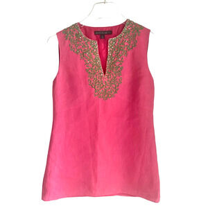 Lafayette 148 Fuchsia Pink Linen Tank Size 0  Beaded Embroidered Sequin Neckline